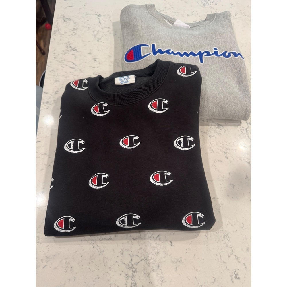 Lot‎ of 2 Champion Reverse Weave Sweatshirts Mens Medium Gray Script Black.EUC